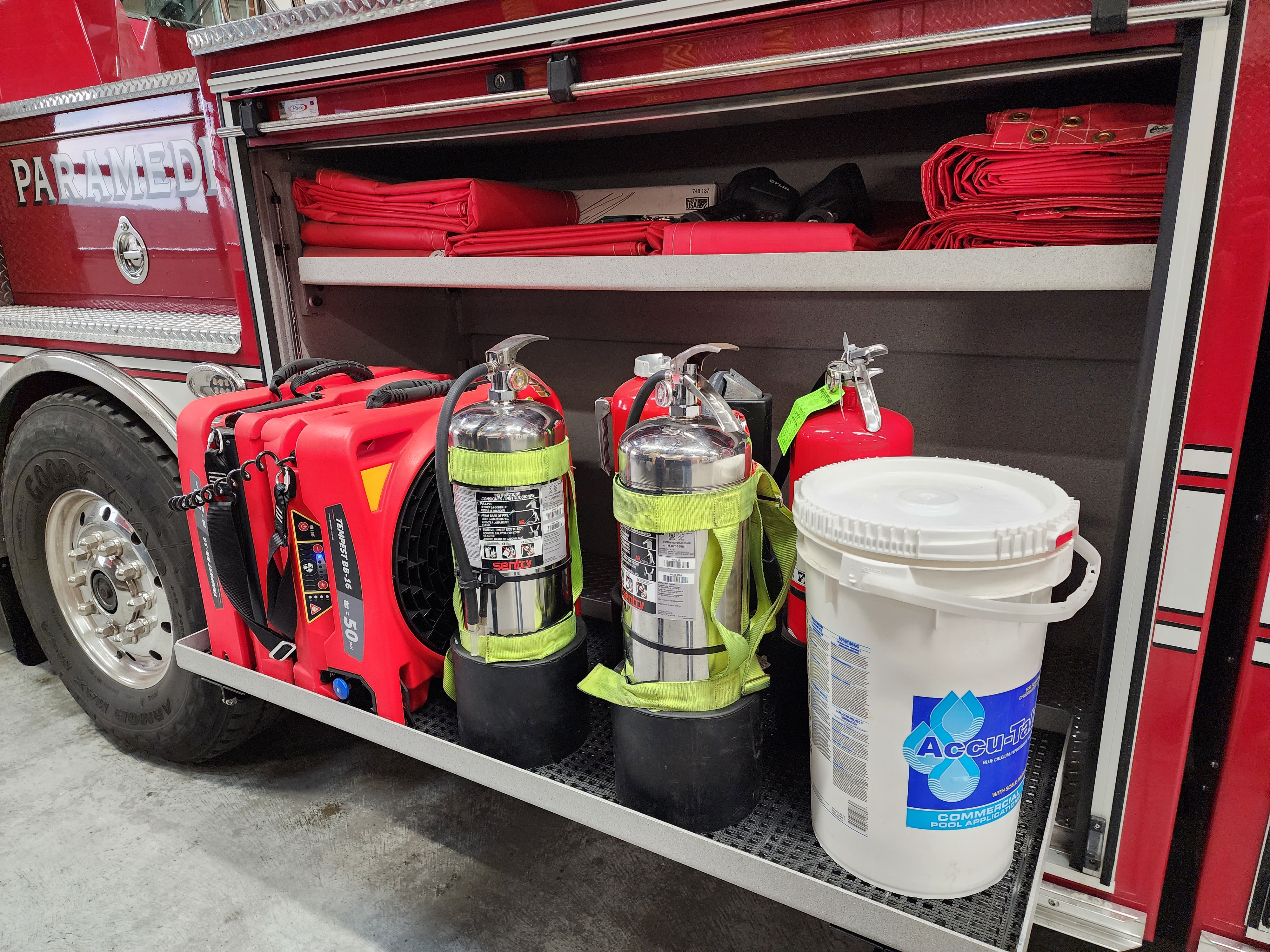 Pressurized water or chemical fire extinguishers are aboard the Orem Fire Department's tiller truck. They're required for some types of fires.
