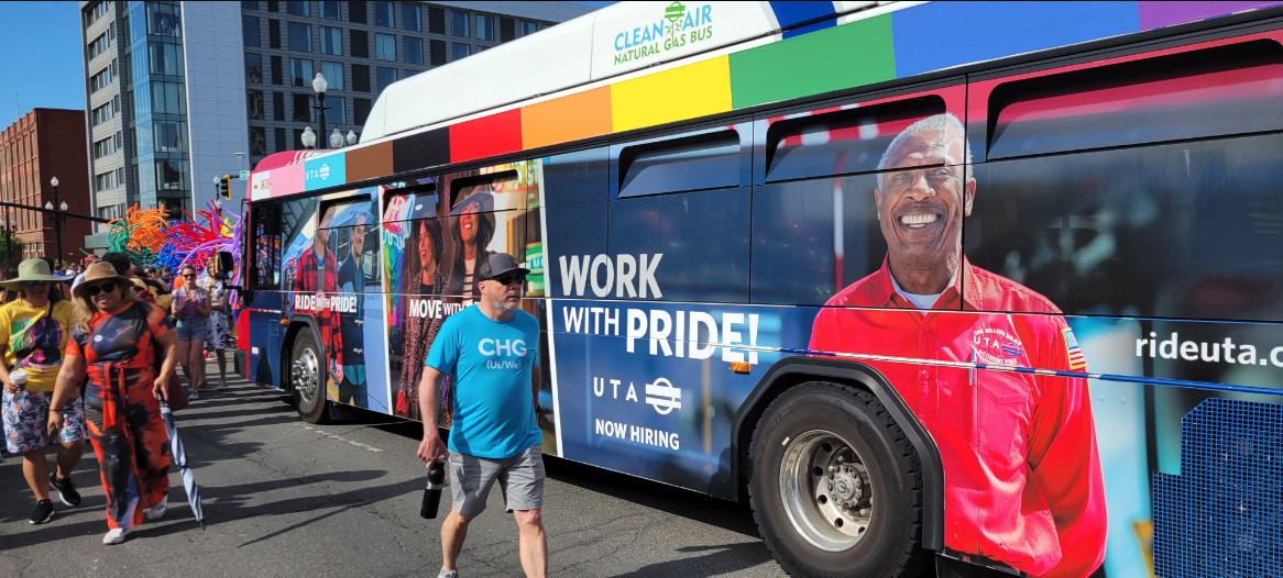 A UTA bus wrapped to celebrate Pride month is pictured at the 2023 Pride Parade in downtown Salt Lake City on Sunday. Some GOP legislators are discussing a response to state entities that engage in activities considered controversial.
