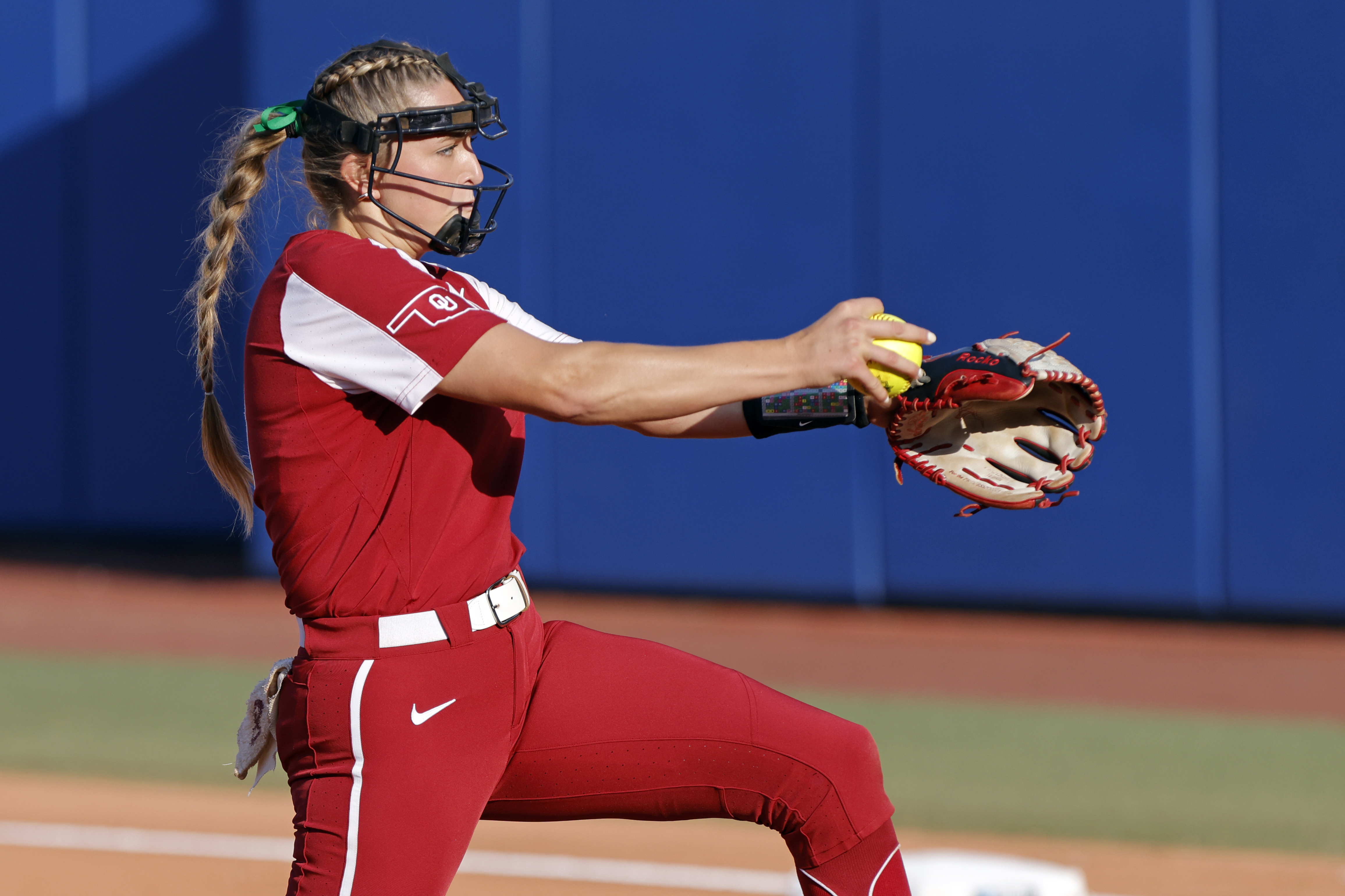 Oklahoma's Alex Storako pitches against Florida State during the first inning of the second game of the NCAA Women's College World Series softball championship series, Thursday, June 8, 2023, in Oklahoma City.