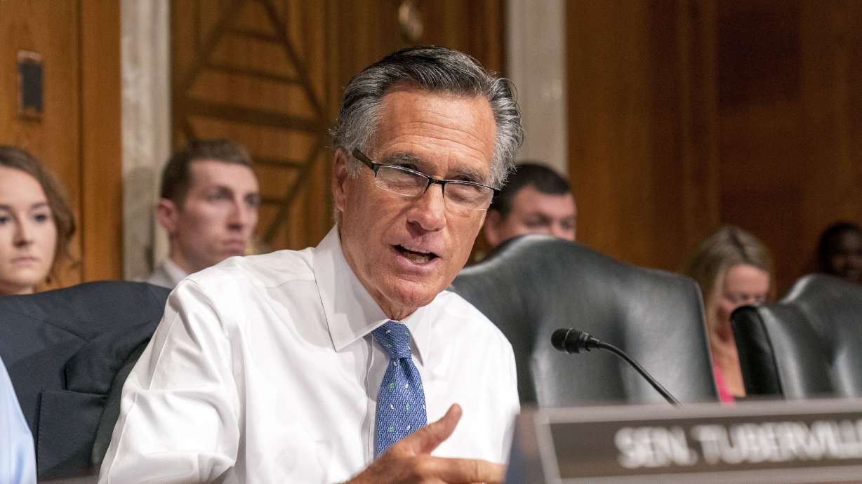 Sen. Mitt Romney, R-Utah, speaks during a Senate Health, Education, Labor and Pensions confirmation hearing for Julie Su to be the Labor Secretary, on Capitol Hill, on April 20 in Washington. Romney recently reintroduced a bipartisan bill to create transparency around the data that social media platforms gather.