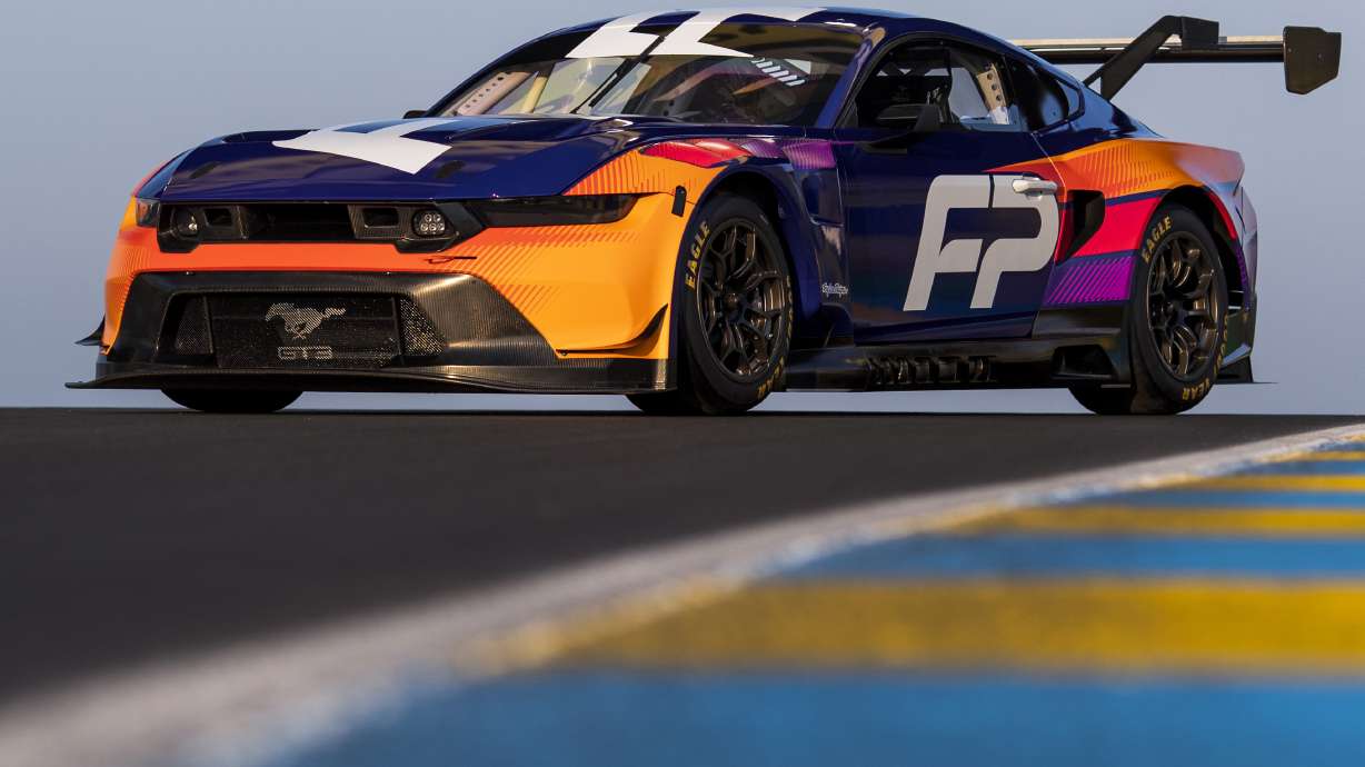 This image provided by Campbell Marketing shows the new Ford Mustang GT3 race car, Tuesday, June 6, 2023, at Le Mans, France. Ford has planned a return to the 24 Hours of Le Mans with its iconic Mustang muscle car next year under a massive rebranding of Ford Performance aimed at bringing the automotive manufacturer “into the racing business.”