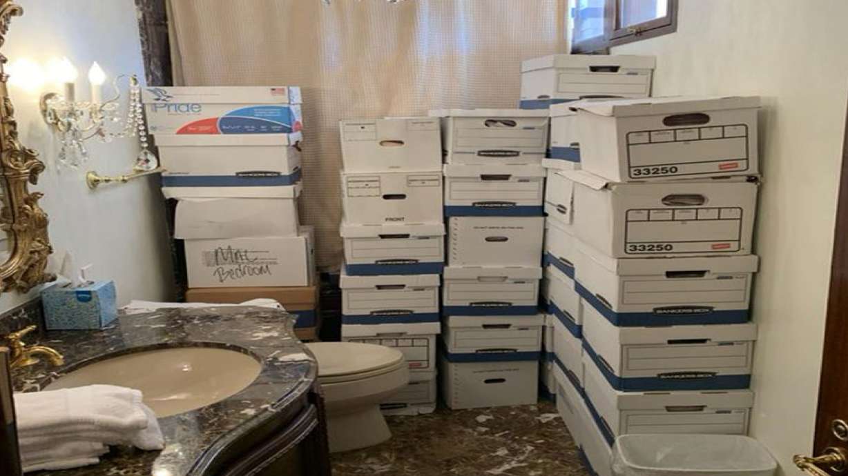An image in the indictment against former President Donald Trump shows records stored in a bathroom at Trump’s Mar-a-Lago estate in Palm Beach, Fla. Trump faces charges related to the mishandling of classified documents.