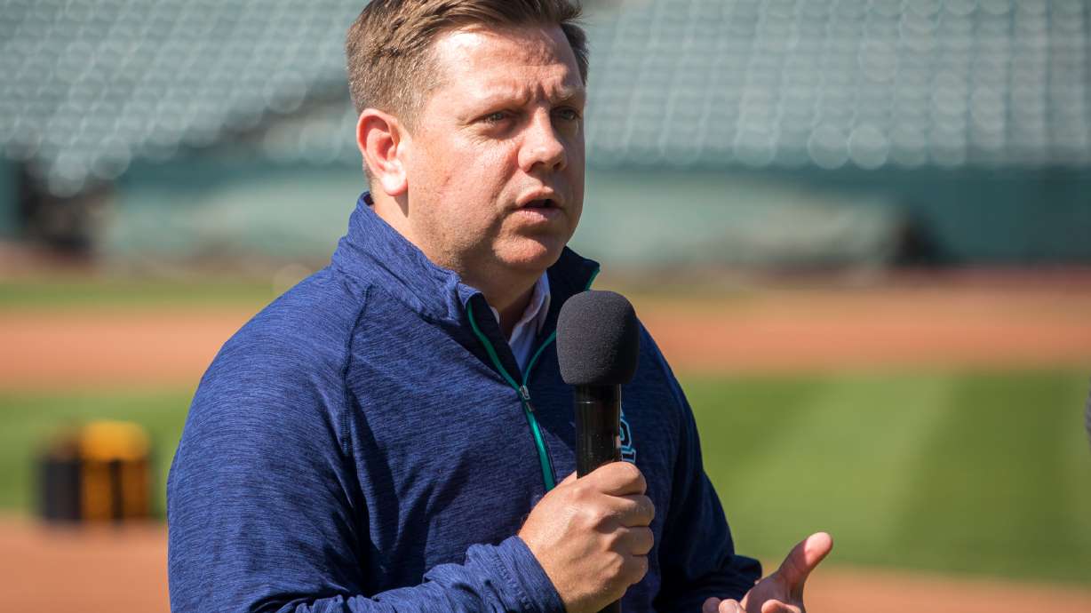 Larry H. Miller Company CEO Steve Starks speaks to a group of about 500 kids and their parents during a Play Ball Weekend event at Smith's Ballpark on Friday, June 9, 2023. Starks says construction on a new Bees stadium in South Jordan is on track to begin this fall.