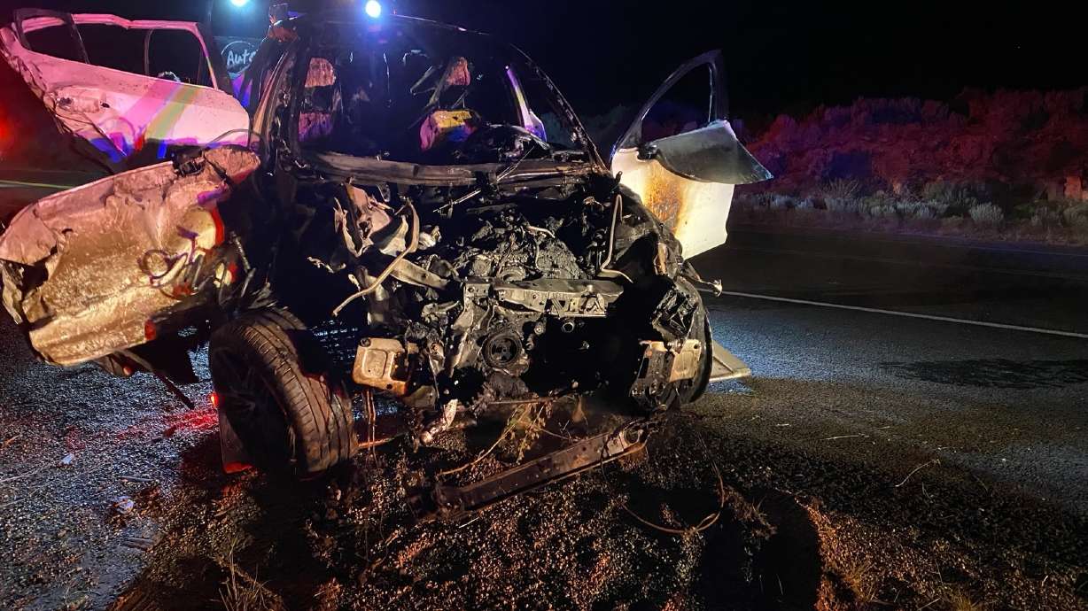 Two people were critically injured after their car rolled and caught fire Friday morning about 10 miles north of Ivins, Washington County, on state Route 18.