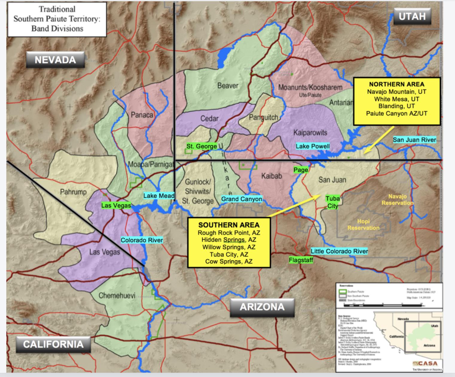 A map showing the San Juan Southern Paiute's traditional homelands.