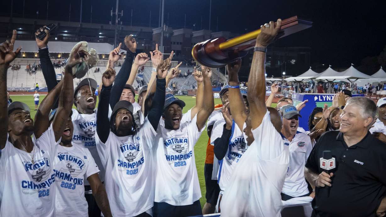 Florida celebrates after winning the men's title at the NCAA outdoor track and field championships Friday, June 9, 2023, in Austin, Texas.