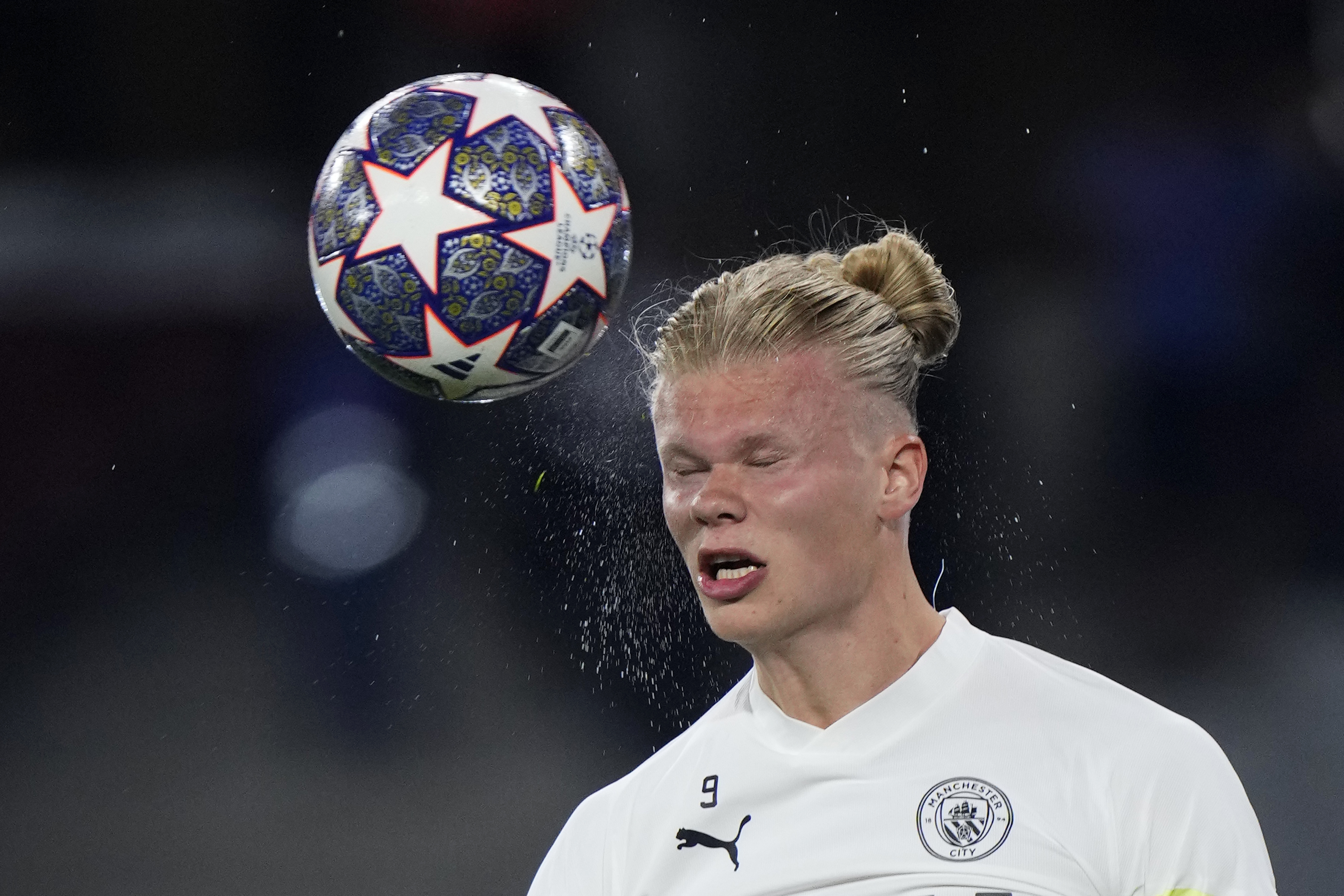 Manchester City's Erling Haaland heads the ball during a training session at the Ataturk Olympic Stadium in Istanbul, Turkey, Friday, June 9, 2023. Manchester City and Inter Milan are making their final preparations ahead of their clash in the Champions League final on Saturday night.