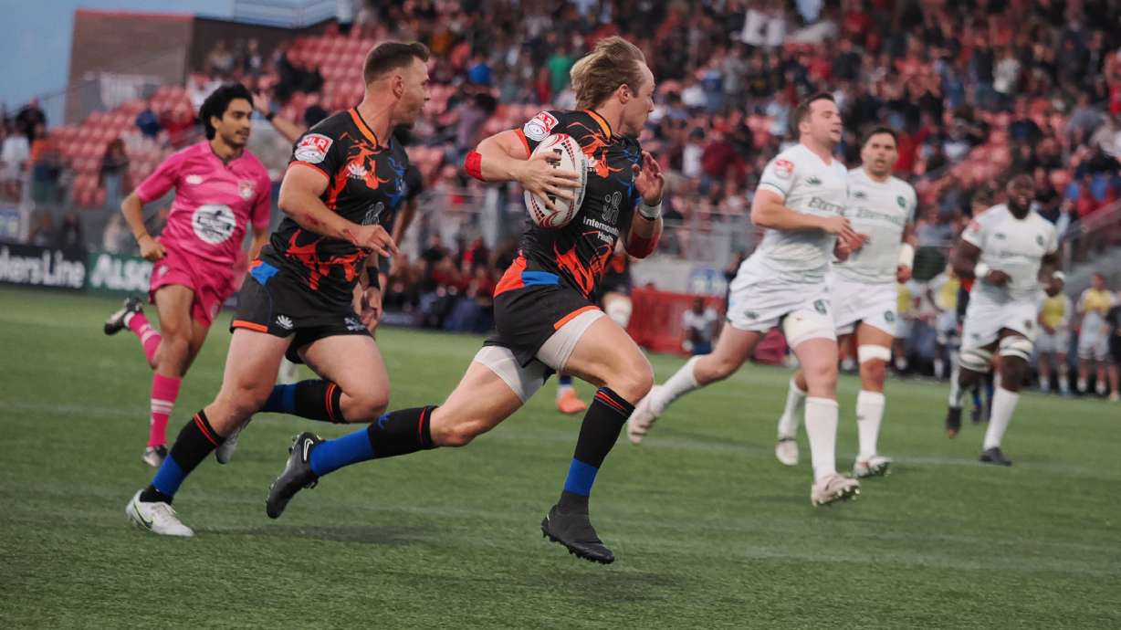 Utah Warriors flyhalf Joel Hodgson scores a try against Chicago Hounds, Saturday, June 10, 2023, at Zions Bank Stadium in Herriman.