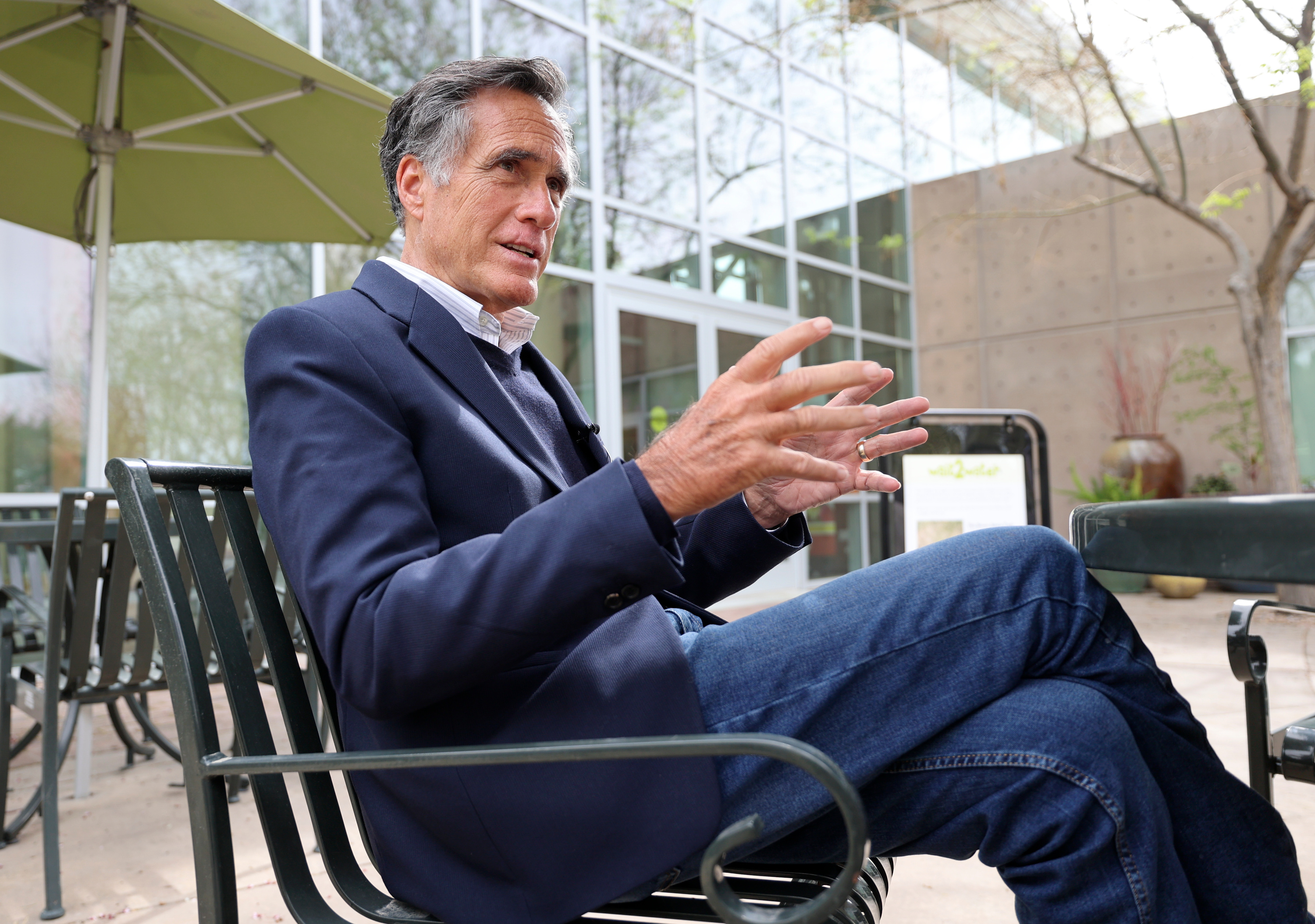 Sen. Mitt Romney, R-Utah, talks to members of the media in West Jordan on May 5. He recently suggested the GOP unite behind one opponent against former President Donald Trump.