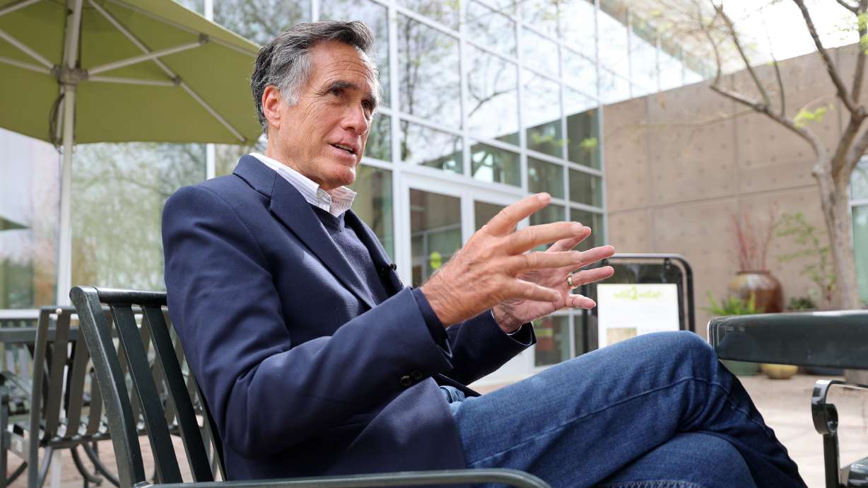 Sen. Mitt Romney, R-Utah, talks to members of the media in West Jordan on May 5. He recently suggested the GOP unite behind one opponent against former President Donald Trump.
