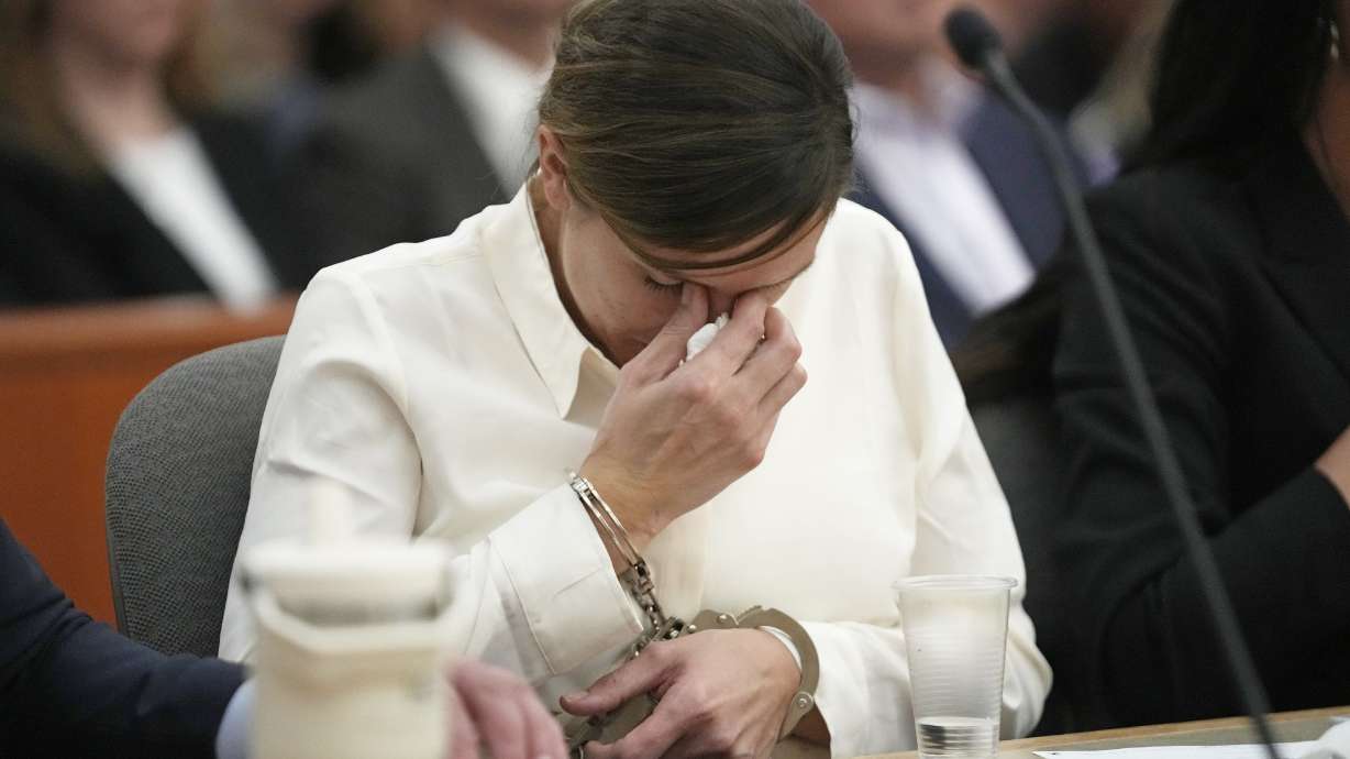 Kouri Richins, a Utah mother of three who authorities say fatally poisoned her husband then wrote a children's book about grieving, cries during a bail hearing on June 12, 2023, in Park City. A judge found her guilty of assault on Monday.