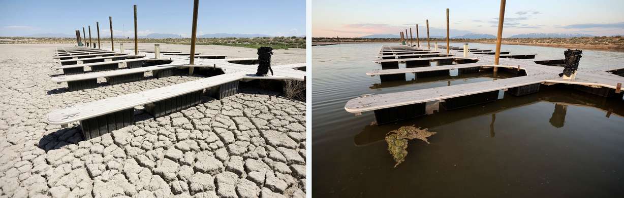 Water levels at the Antelope Island marina are pictured as the Great Salt Lake experiences record low water levels on July 22, 2022, and after a record snowpack year on June 5.