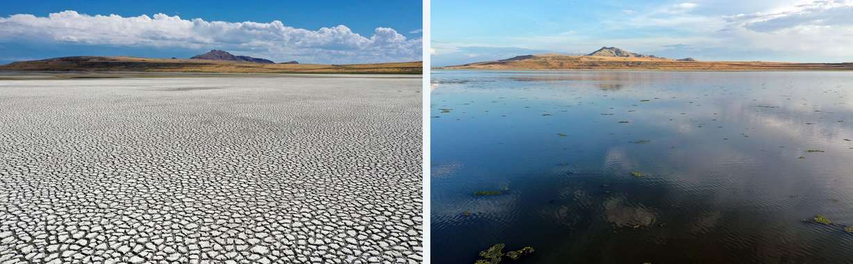 Water levels are pictured in Buffalo Bay, looking at Antelope Island, as the Great Salt Lake experiences record low water levels on July 22, 2022, and after a record snowpack year on June 5.