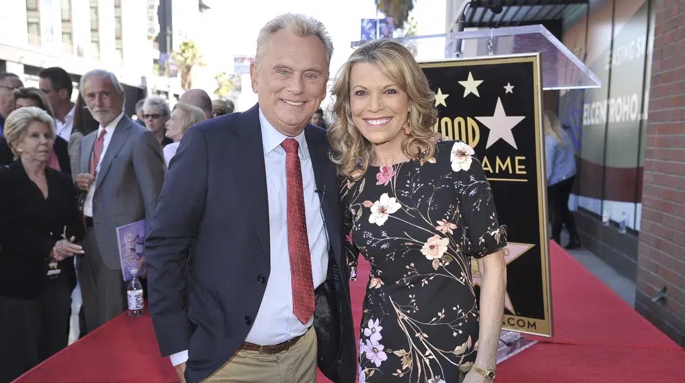 Pat Sajak, left, and Vanna White, from "Wheel of Fortune," appear on the Hollywood Walk of Fame on Nov. 1, 2019, in Los Angeles. Sajak announced Monday that its upcoming season will be his last as host.