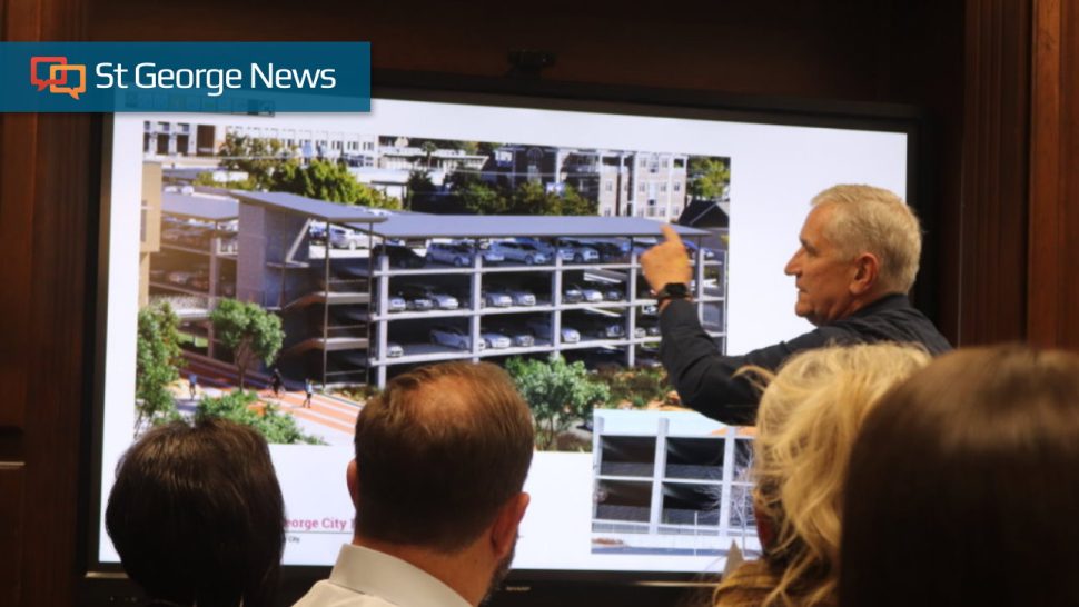 A rendering of the four-level parking structure set to be built on Main Street across from the Town Square is seen, St. George, Dec. 8, 2022. The city has been awarded a $10 million low-interest loan to build it.