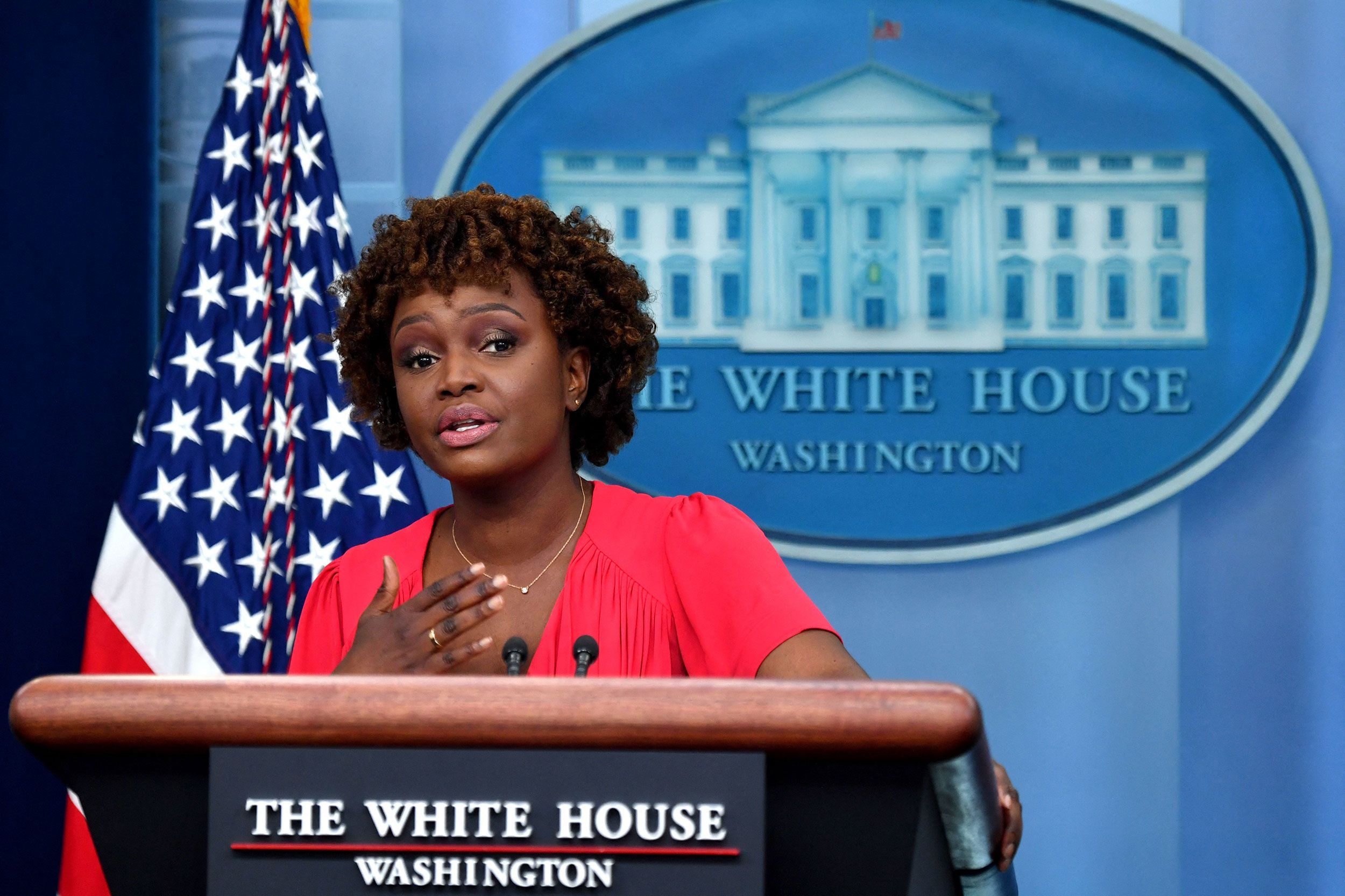 New White House Press Secretary Karine Jean-Pierre, here in 2022, violated the Hatch Act for using the term “mega MAGA” from the briefing room podium.