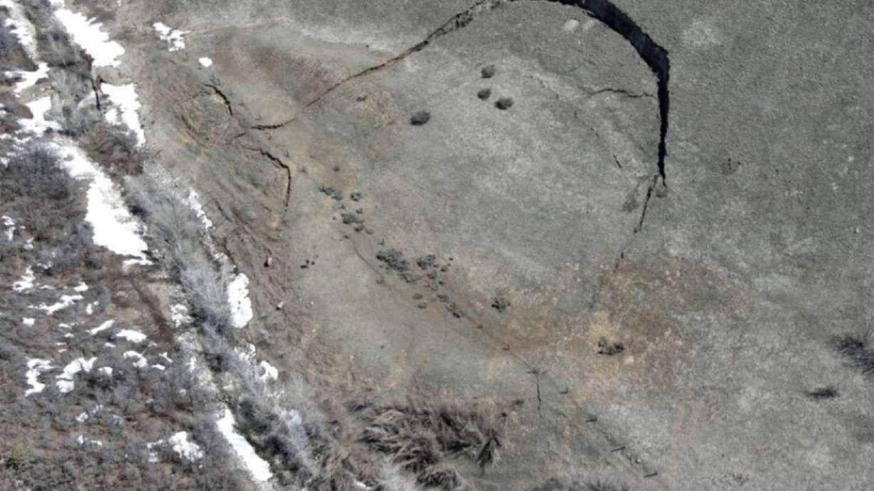 An aerial view of a landslide by Trappers Loop Bend in Morgan County first reported on April 30. It is one of more than 200 landslides reported this year, according to the Utah Geological Survey.