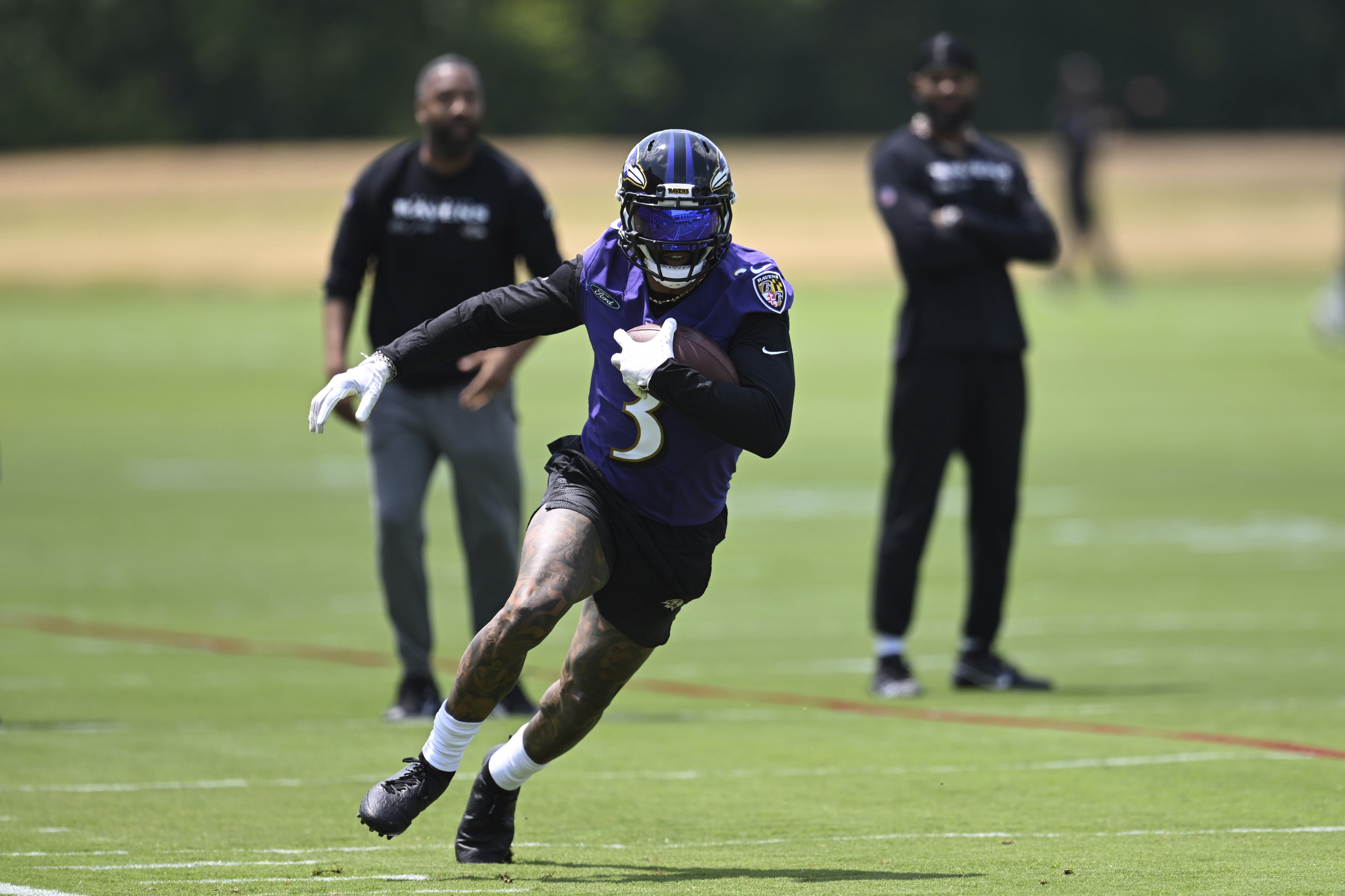 Baltimore Ravens wide receiver Odell Beckham Jr. (3) runs a drill during NFL football practice Tuesday, June 13, 2023, in Owings Mills, Md. 