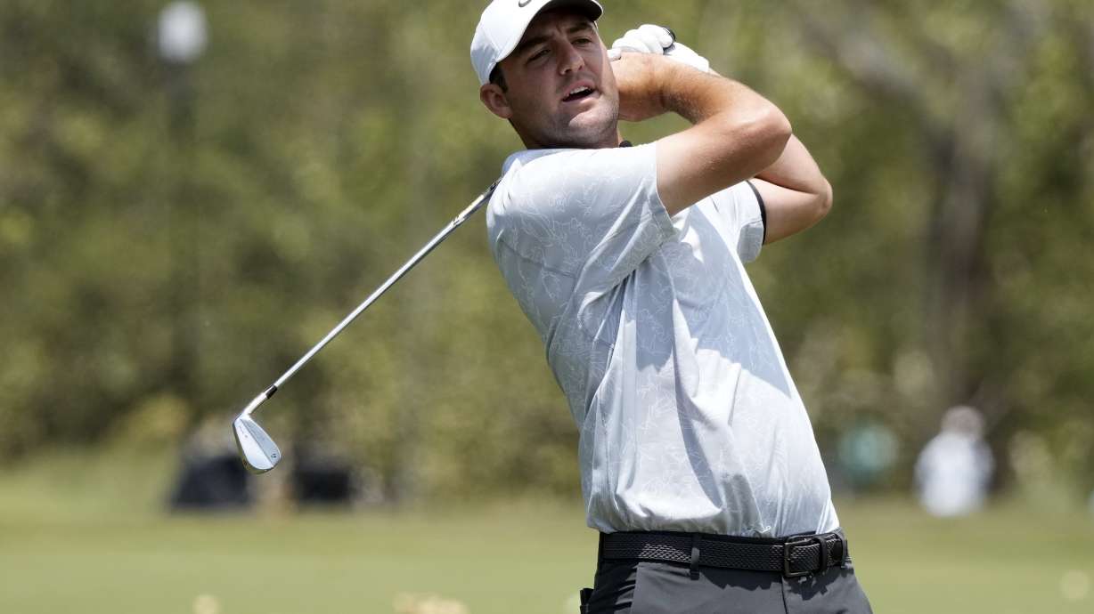 Scottie Scheffler hits from the 17th fairway during a practice round of the U.S. Open golf tournament at Los Angeles Country Club, Monday, June 12, 2023, in Los Angeles.