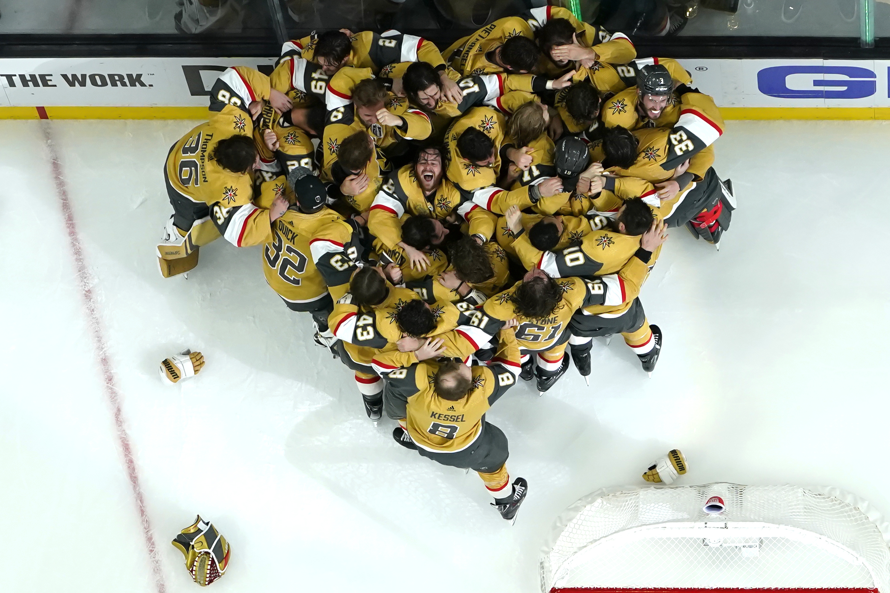 Members of the Vegas Golden Knights celebrate after they defeated the Florida Panthers 9-3 to win the Stanley Cup in Game 5 of the NHL hockey Stanley Cup Finals Tuesday, June 13, 2023, in Las Vegas. 
