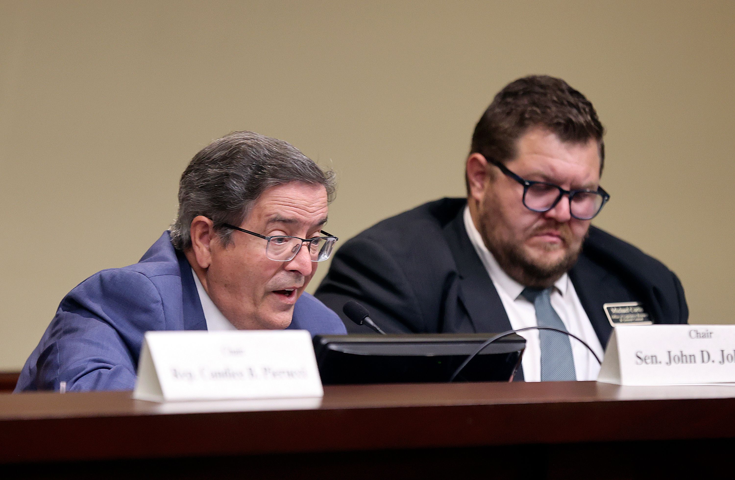 Sen. John Johnson, R-North Ogden, is helping craft legislation likely to be heard in the 2024 legislative session taking aim at diversity, equity and inclusion programs in Utah's universities. In this June 14 photo, he asks Davis School District representatives questions about their sensitive materials policy during a Utah Legislature Education Interim Committee meeting at the House Building in Salt Lake City.