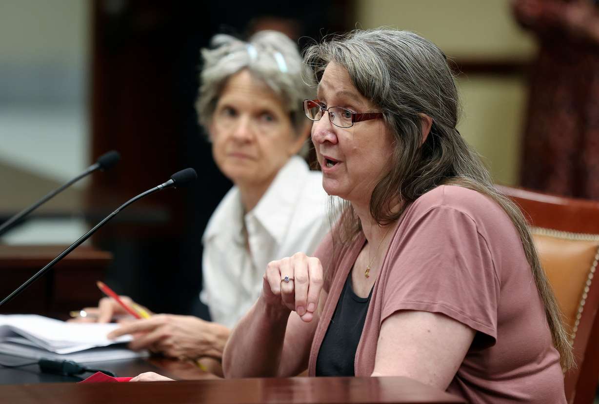 Teacher Kristin van Brunt gives public comment during a Utah Legislature’s Education Interim Committee meeting at the House Building in Salt Lake City on Wednesday. Van Brunt says the Davis School District is already very transparent.