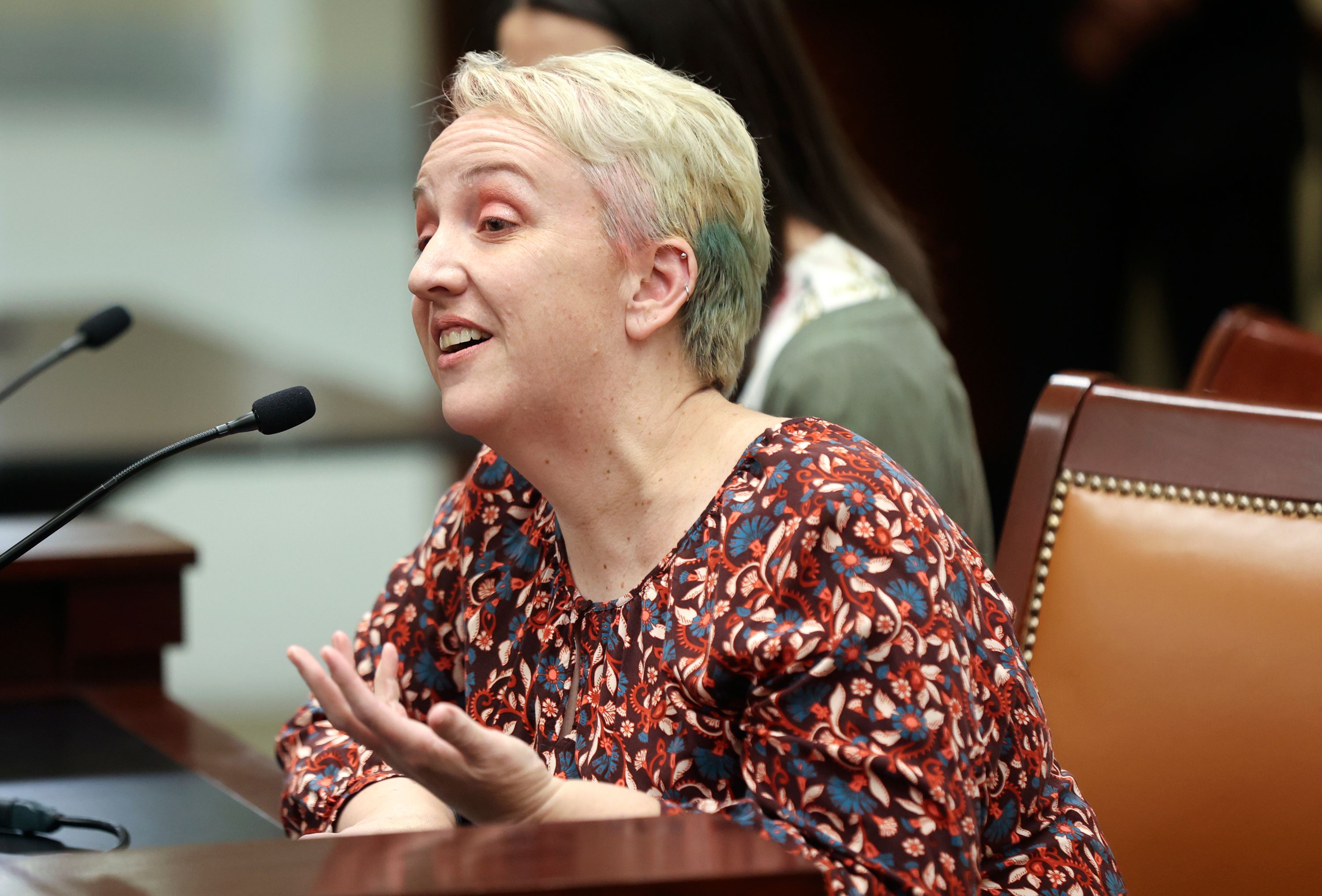 Lauralee Solimeno speaks during a Utah Legislature’s Education Interim Committee meeting at the House Building in Salt Lake City on Wednesday. Solimeno said she’s concerned about removing literary classics from school libraries.