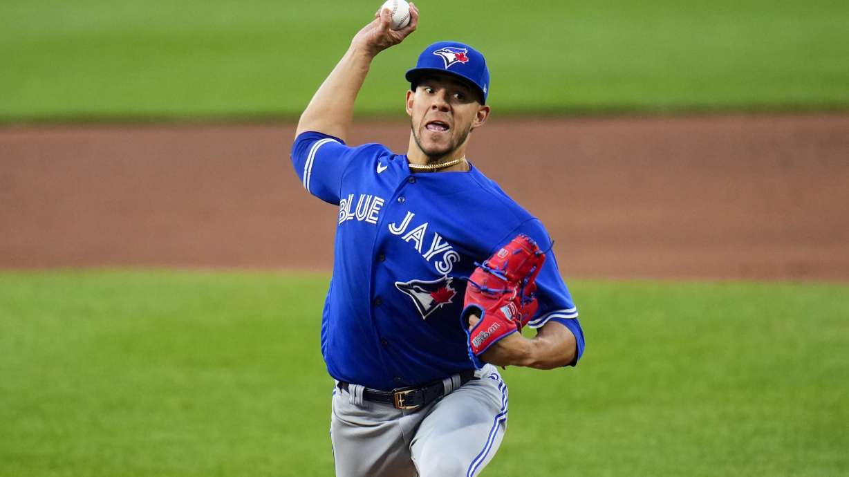 Toronto Blue Jays starting pitcher Jose Berrios throws a pitch to the Baltimore Orioles during the fourth inning of a baseball game, Wednesday, June 14, 2023, in Baltimore.