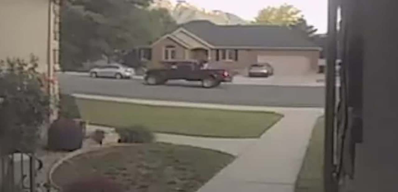 A fast-moving maroon Ford F-350 that people say is filled with boys throwing eggs and launching water balloons is caught on surveillance video in Utah County.