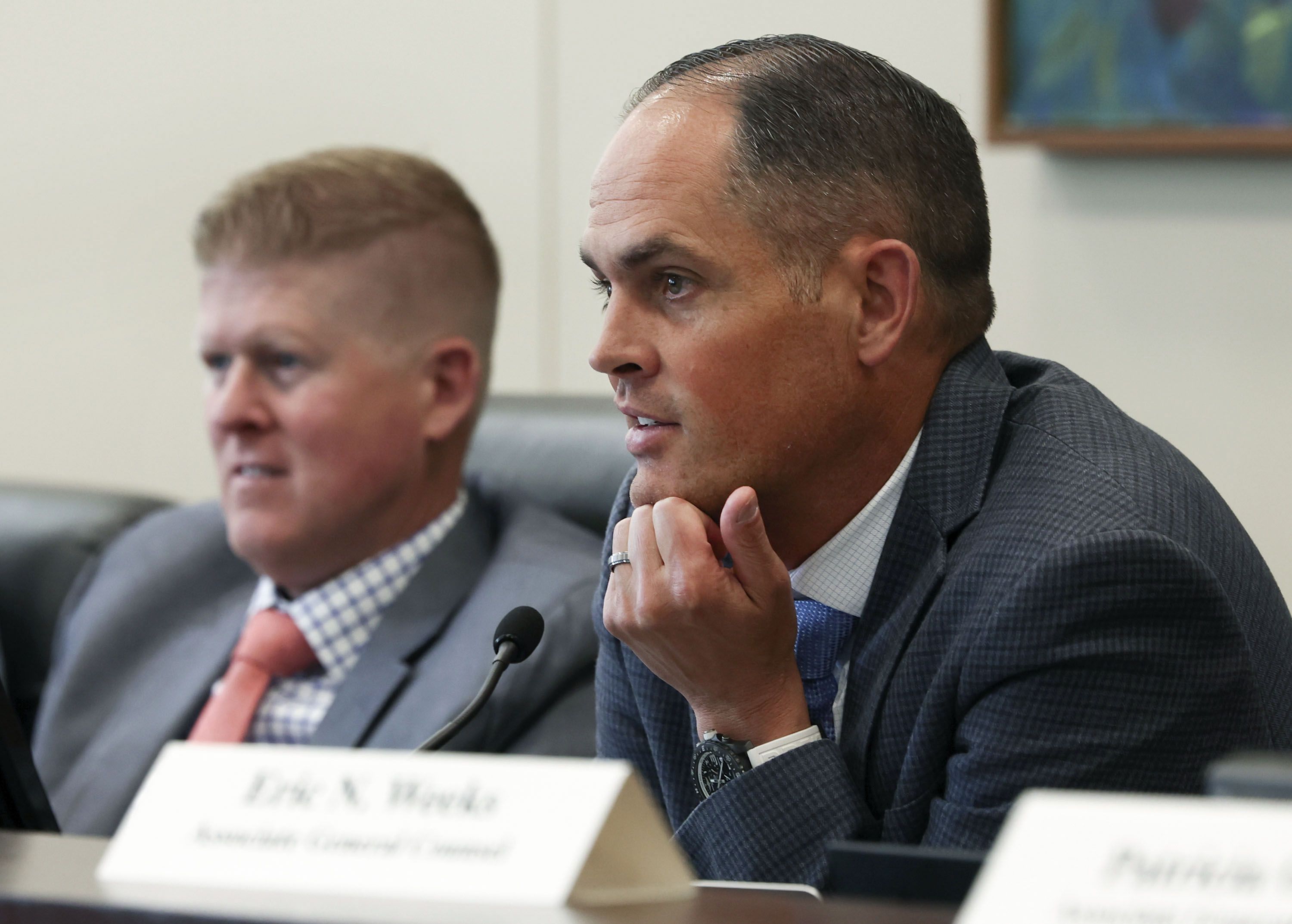 Olympic and Paralympic Winter Games Coordination Committee Co-Chairmen Sen. Michael K. McKell, R-Spanish Fork, right, and Rep. Jon Hawkins, R-Pleasant Grove, attend the first meeting of Utah Legislature’s Olympic Coordination Committee at the Capitol in Salt Lake City on Thursday.