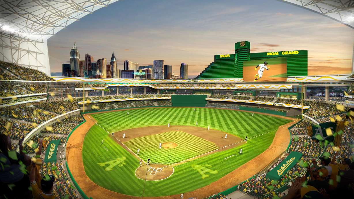 This rendering provided by the Oakland Athletics on May 26 shows a view of their proposed new ballpark at the Tropicana site in Las Vegas. The Oakland Athletics cleared a major hurdle for their planned relocation to Las Vegas after the Nevada governor signed a bill Thursday, providing aid to the planned stadium.