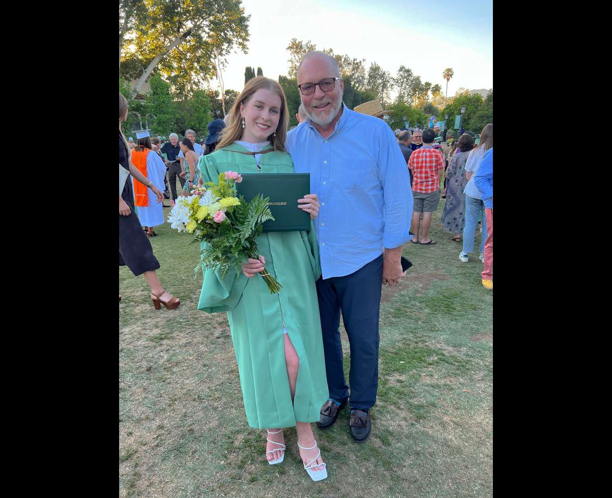 Emma Thompson and her dad, Scott Thompson, at her graduation from Scripps College in Claremont, California, in 2022. Scott Thompson describes himself as a laid-back dad who is proud he only missed one field trip when Emma and her brother Zach were in grade school.