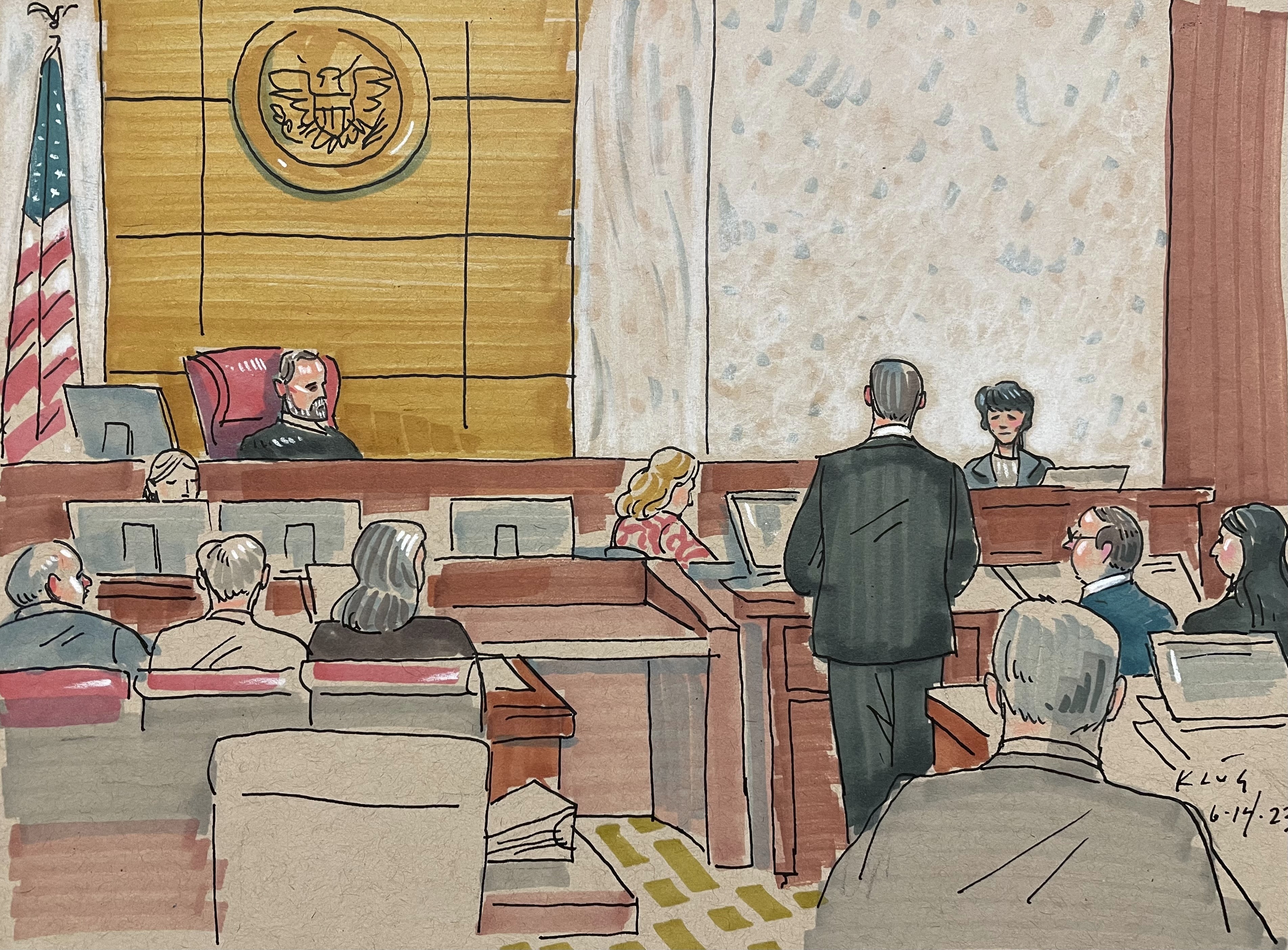 In this courtroom sketch, shooting survivor Andrea Wedner, right, testifies, Wednesday in Pittsburgh, in the federal trial of Robert Bowers. Bowers is accused of shooting to death 11 worshippers in a synagogue more than four years ago, the deadliest antisemitic attack in U.S. history.