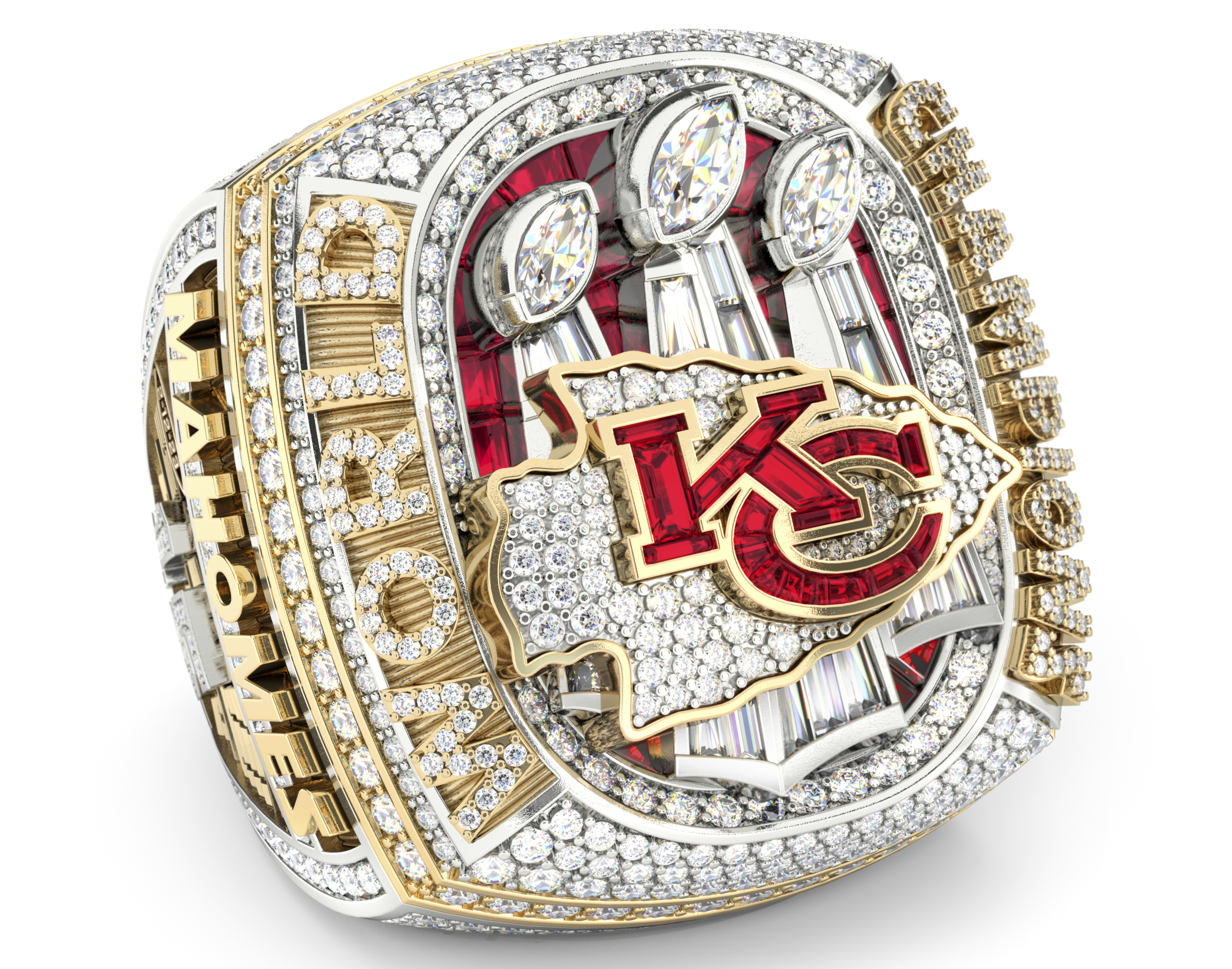 This photo provided by Jostens and the Kansas City Chiefs shows the Super Bowl LVII Championship Ring. The Kansas City Chiefs got their Super Bowl rings Thursday night, June 15, 2023, during a private ceremony at Union Station.