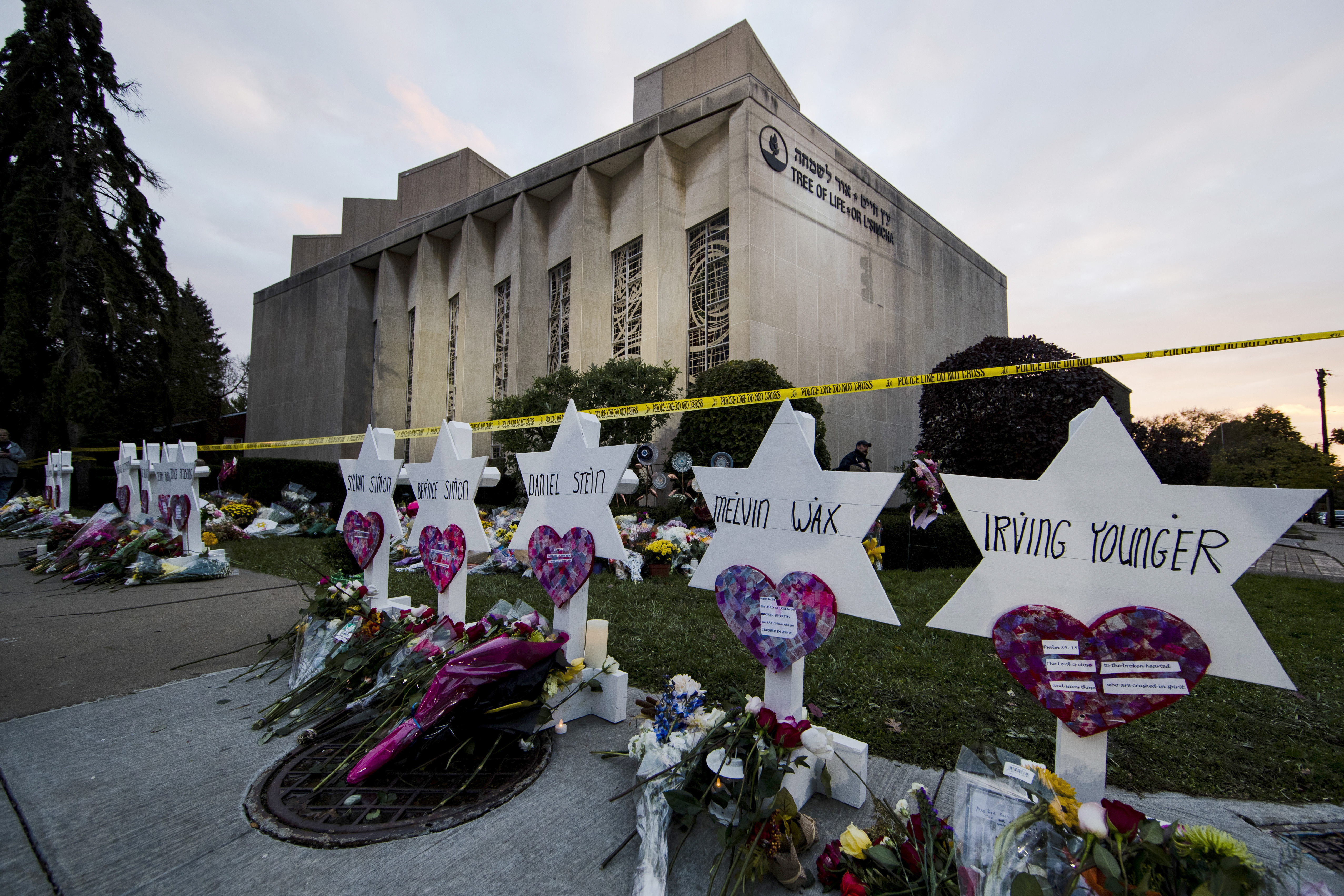 A makeshift memorial stands outside the Tree of Life Synagogue in the aftermath of a deadly shooting in Pittsburgh, Oct. 29, 2018. Robert Bowers was found guilty in connection with the shooting.