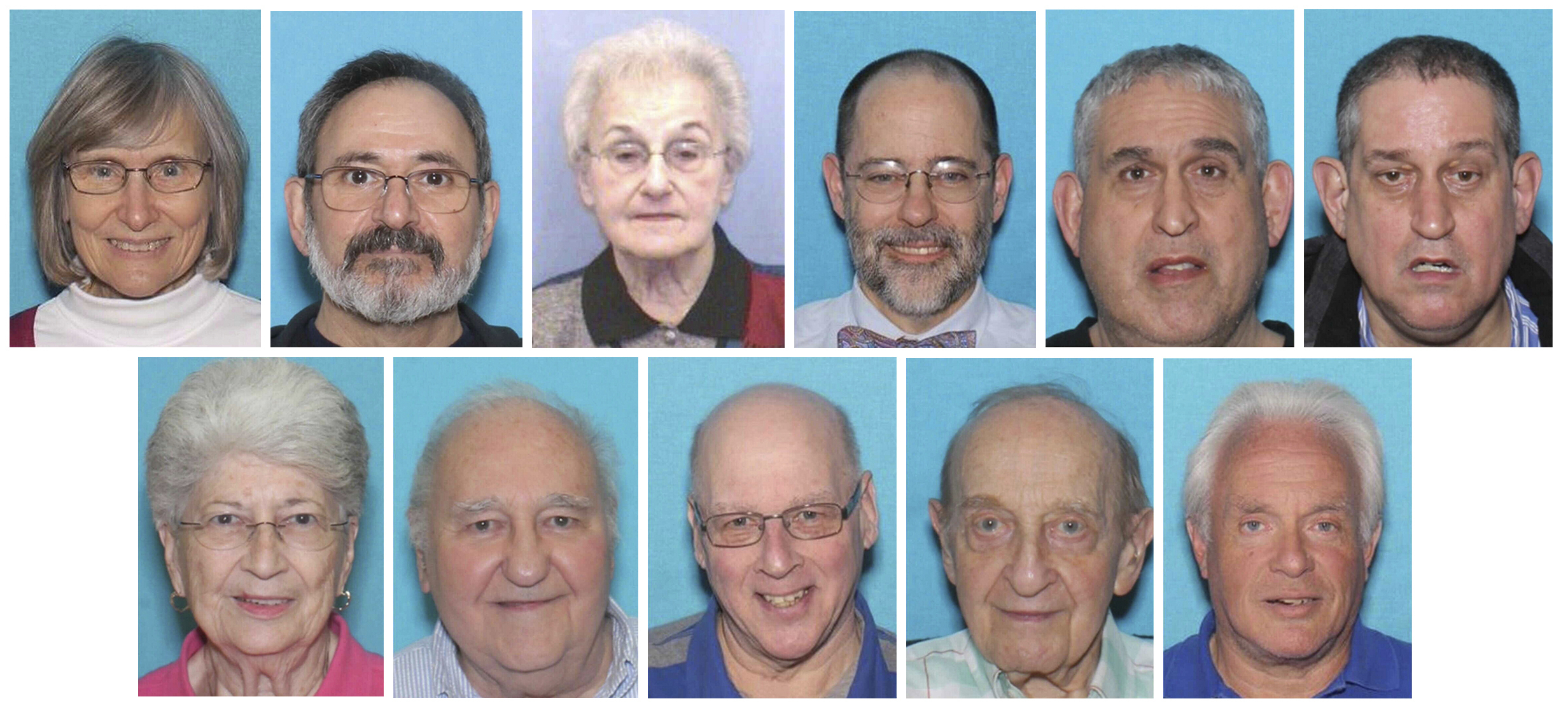 In this combo image made from photos provided by the United States District Court Western District of Pennsylvania are the victims of the Oct. 27, 2018, assault on the Tree of Life synagogue in Pittsburgh.. top row, from left, Joyce Fienberg, Richard Gottfried, Rose Mallinger, Jerry Rabinowitz, Cecil Rosenthal, and David Rosenthal; bottom row, from left, Bernice Simon, Sylvan Simon, Dan Stein, Melvin Wax, and Irving Younger.