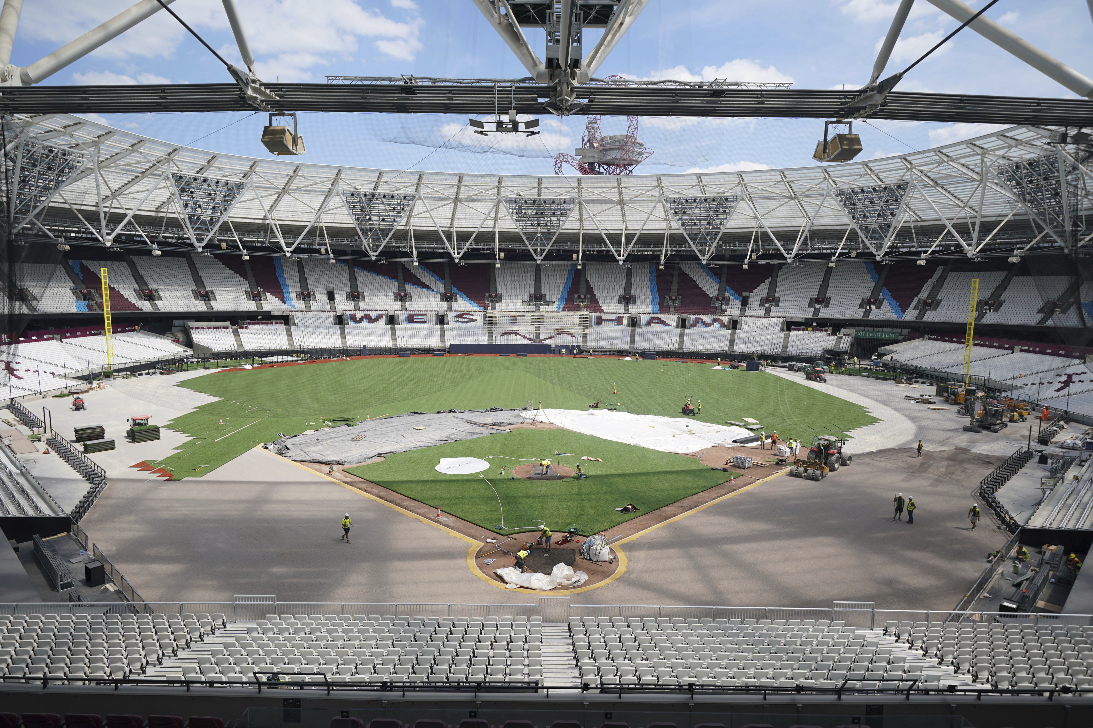 A general view of the London Stadium, home of West Ham United, as the pitch is transformed into a baseball field Thursday, June 15, 2023. The baseball field being installed at London Stadium will be slightly bigger than the one in 2019. The St. Louis Cardinals and Chicago Cubs will play two games at the home of Premier League club West Ham next weekend. 