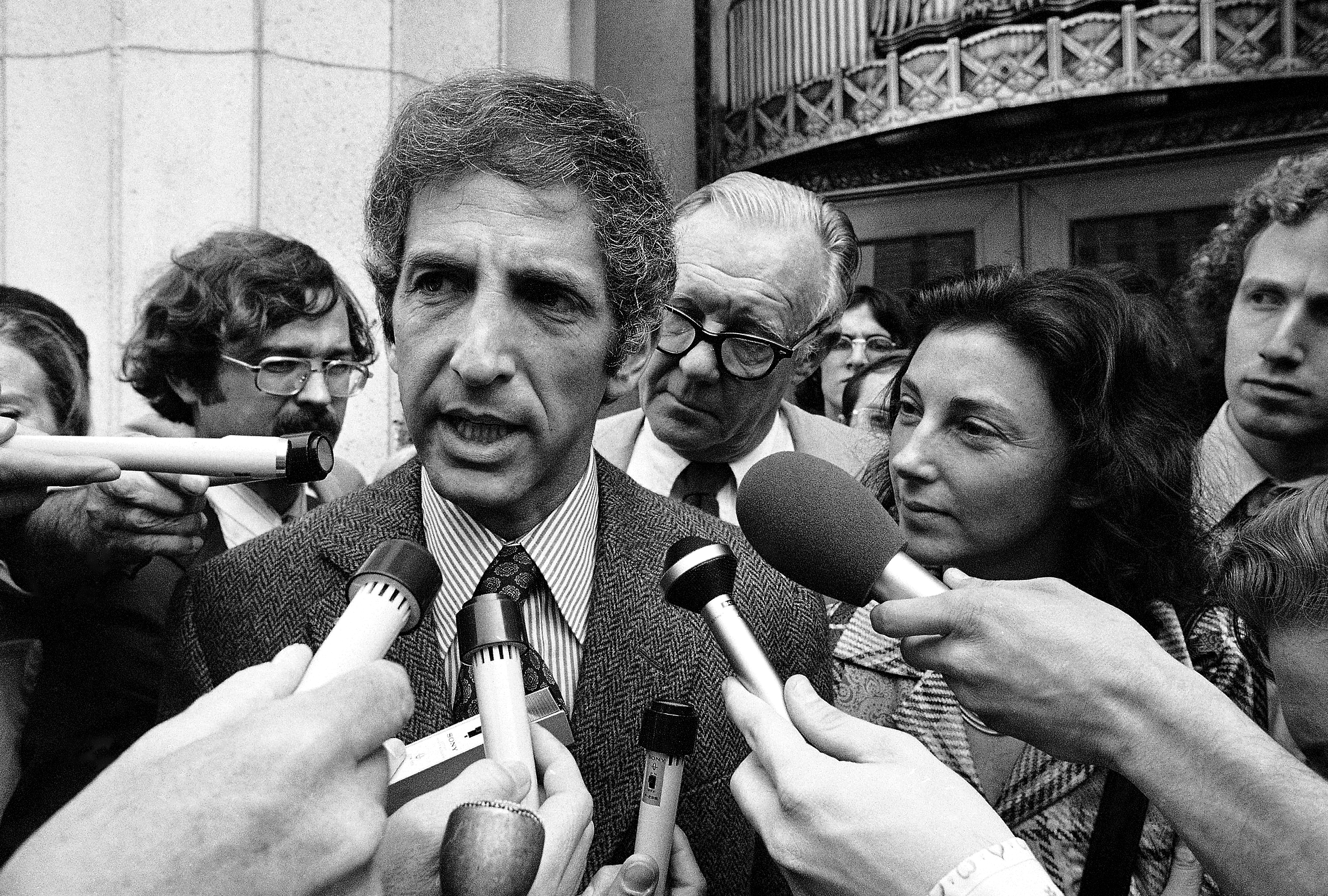 Daniel Ellsberg, co-defendant in the Pentagon Papers case, talks to media outside the Federal Building in Los Angeles, April 28, 1973. Ellsberg, the government analyst and whistleblower who leaked the Pentagon Papers in 1971, died Friday.