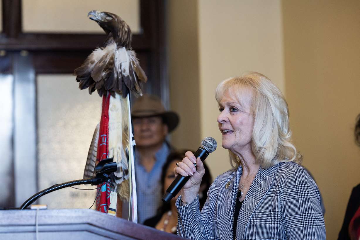 Rep. Christine Watkins, R-Price, speaks about her bill HB40, at a press conference at the Capitol on Jan. 31. Watkins said she won't reintroduce the bill next year.
