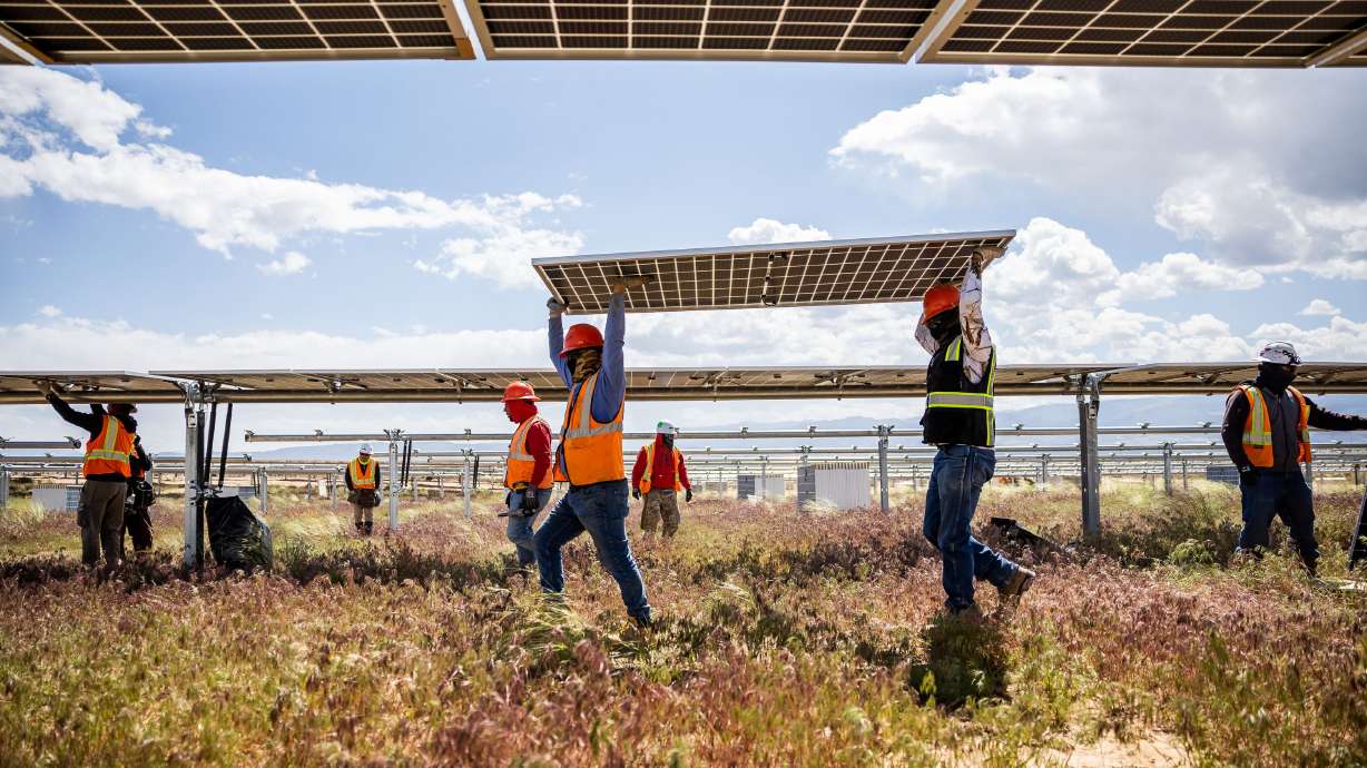 Crews work to install photovoltaic panels on racking at the Appaloosa Solar 1 project near Cedar City on June 8. rPlus Energies has solar fields in Carbon and Iron counties and is pursuing a pumped storage hydropower project in Utah.
