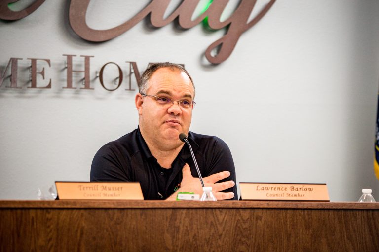 Hildale City Councilman Lawrence Barlow listens to a discussion about the resolution opposing the proposed new national monument, Hildale, June 7. 