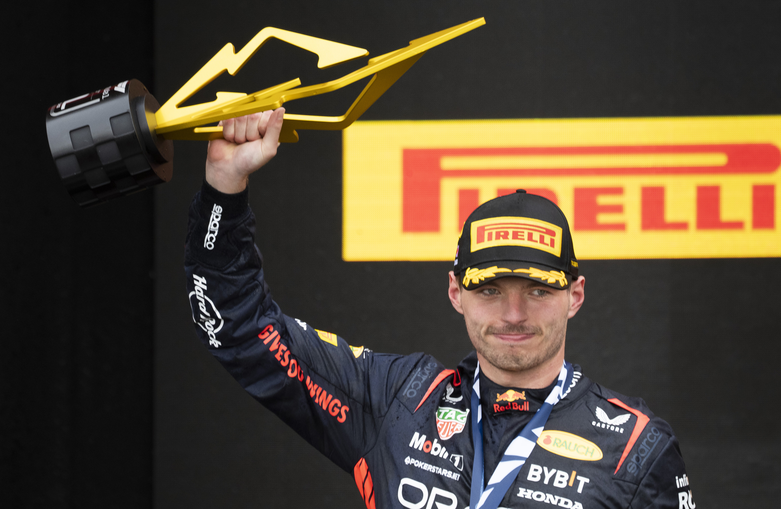 Red Bull Racing's Max Verstappen, of the Netherlands, celebrates his victory in the Formula One Canadian Grand Prix auto race Sunday, July 18, 2023, in Montreal. 