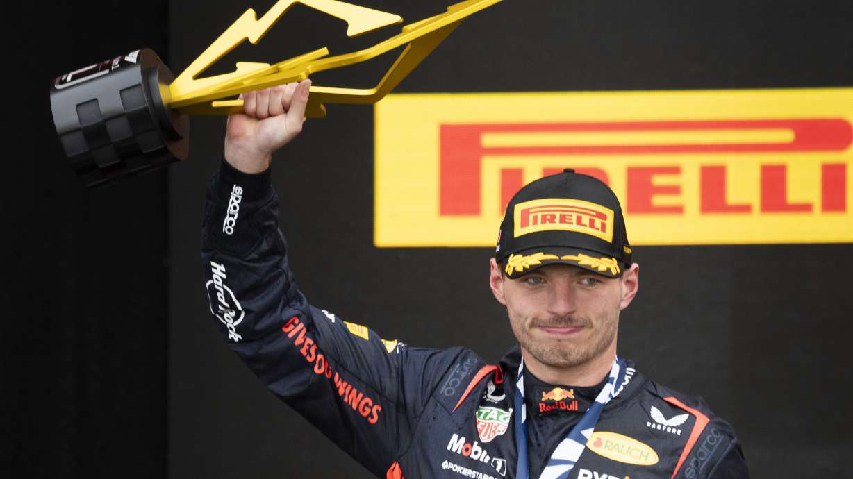 Red Bull Racing's Max Verstappen, of the Netherlands, celebrates his victory in the Formula One Canadian Grand Prix auto race Sunday, July 18, 2023, in Montreal.