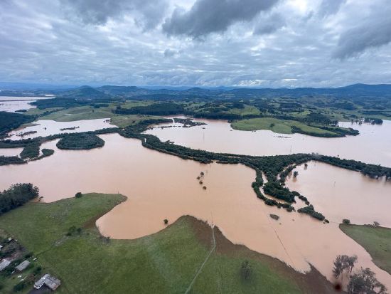 An aerial view shows floods due to heavy rains in Caraa, Rio Grande do Sul, Brazil Saturday.