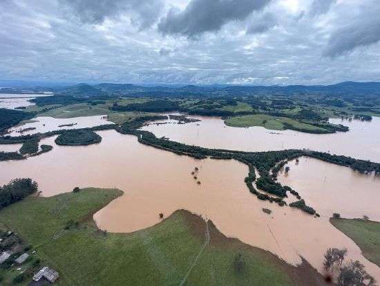 An aerial view shows floods due to heavy rains in Caraa, Rio Grande do Sul, Brazil Saturday.