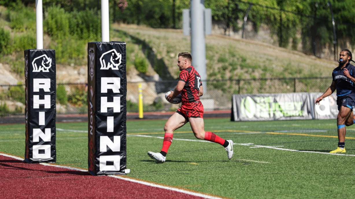 Utah Warriors' Calvin Whiting scores a try against the New York Ironworkers, Sunday, June 18, 2023, in Mount Vernon, New York.