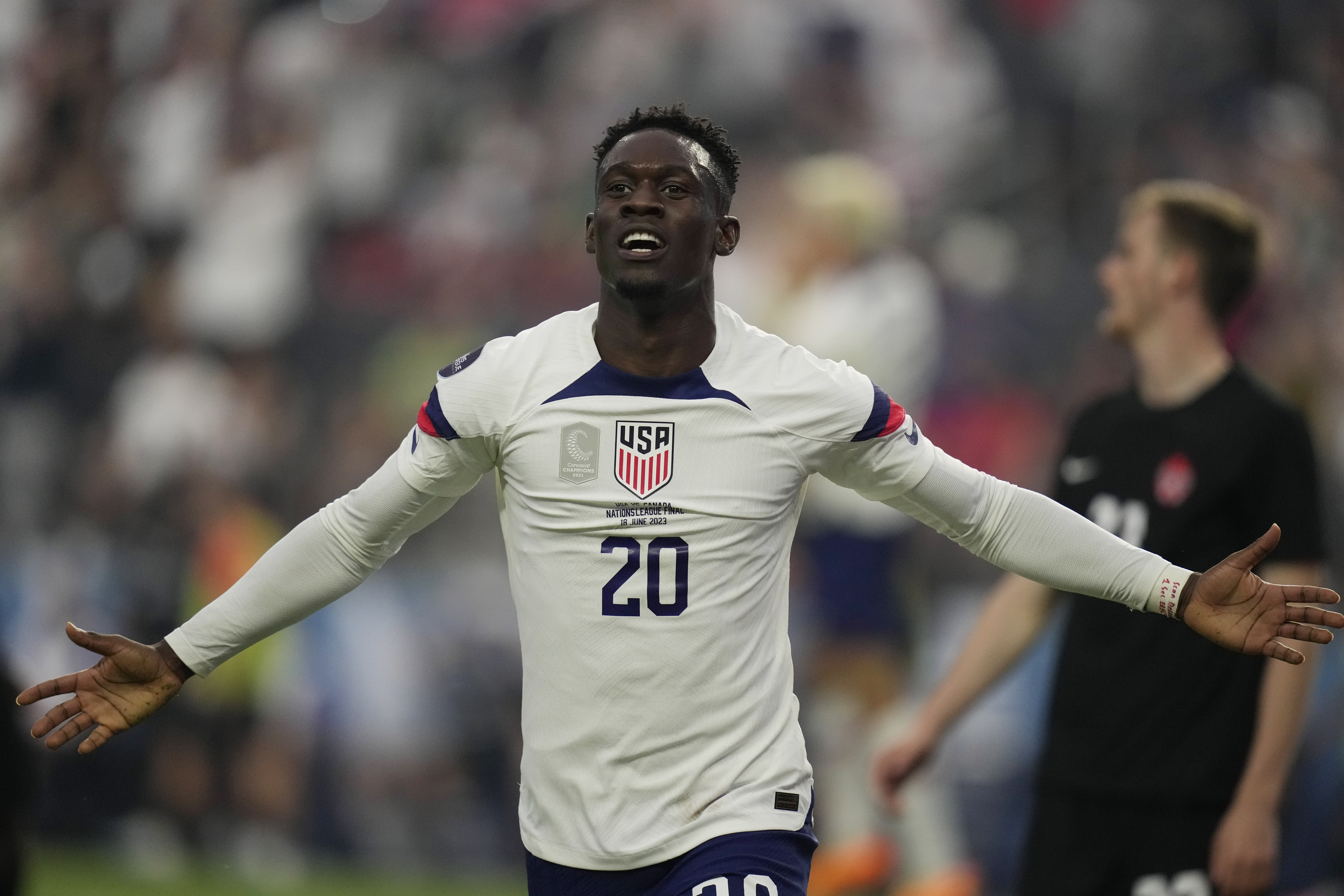 Folarin Balogun of the United States celebrates after scoring against Canada during the first half of a CONCACAF Nations League final match Sunday, June 18, 2023, in Las Vegas. 