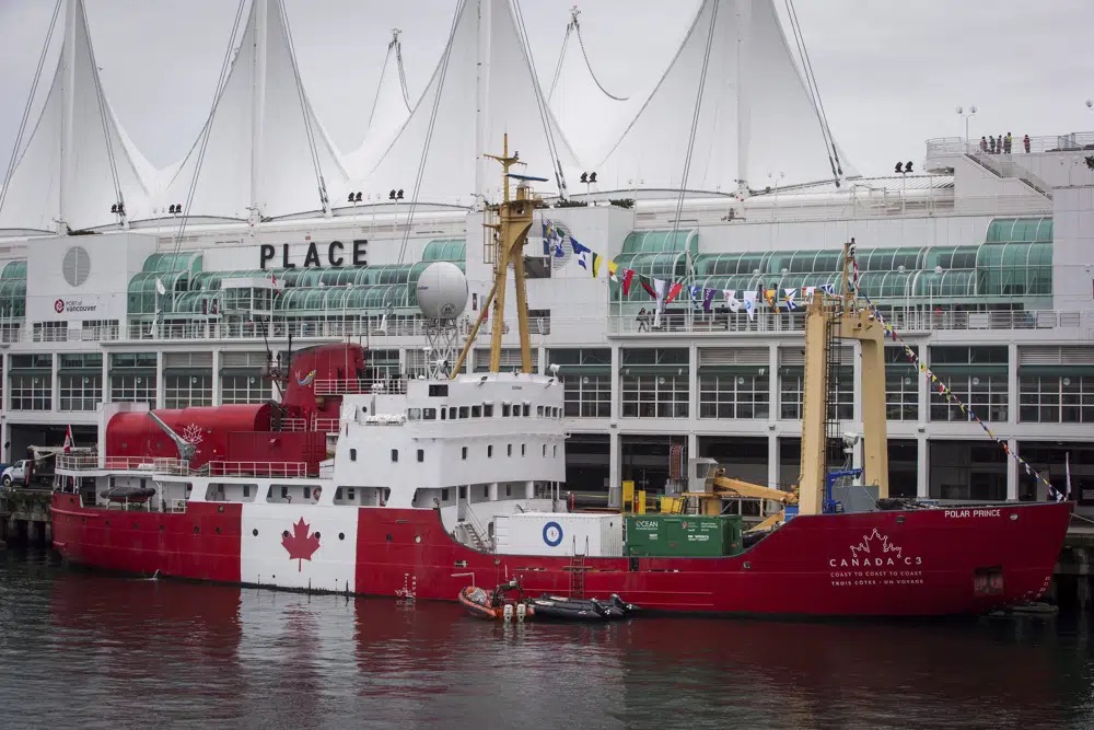 The Polar Prince ship is seen while moored in Vancouver, British Columbia, Oct. 23, 2017. A search is underway, Monday for a missing submersible that carries people to view the wreckage of the Titanic. Unlike submarines that leave and return to port under their own power, submersibles require a ship to launch and recover them. OceanGate hired the Polar Prince to ferry dozens of people and the submersible craft to the North Atlantic wreck site.