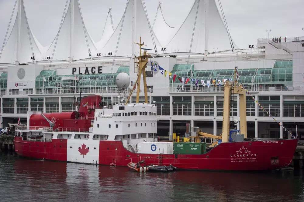 The Polar Prince ship is seen while moored in Vancouver, British Columbia, Oct. 23, 2017. A search is underway, Monday for a missing submersible that carries people to view the wreckage of the Titanic. Unlike submarines that leave and return to port under their own power, submersibles require a ship to launch and recover them. OceanGate hired the Polar Prince to ferry dozens of people and the submersible craft to the North Atlantic wreck site.