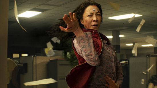 This image shows Michelle Yeoh in a scene from "Everything Everywhere All at Once."